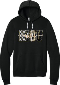 Glitzy Patterned NICU hoodie in Black, featuring NICU block letters in checkerboard, polka dot, leopard, and starry patterns with a gold glitter outline and nicu script
