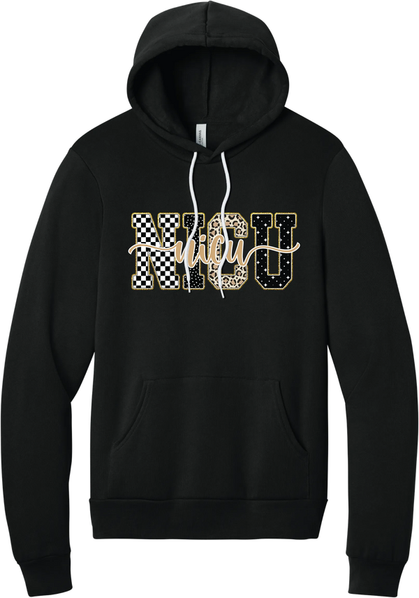 Glitzy Patterned NICU hoodie in Black, featuring NICU block letters in checkerboard, polka dot, leopard, and starry patterns with a gold glitter outline and nicu script