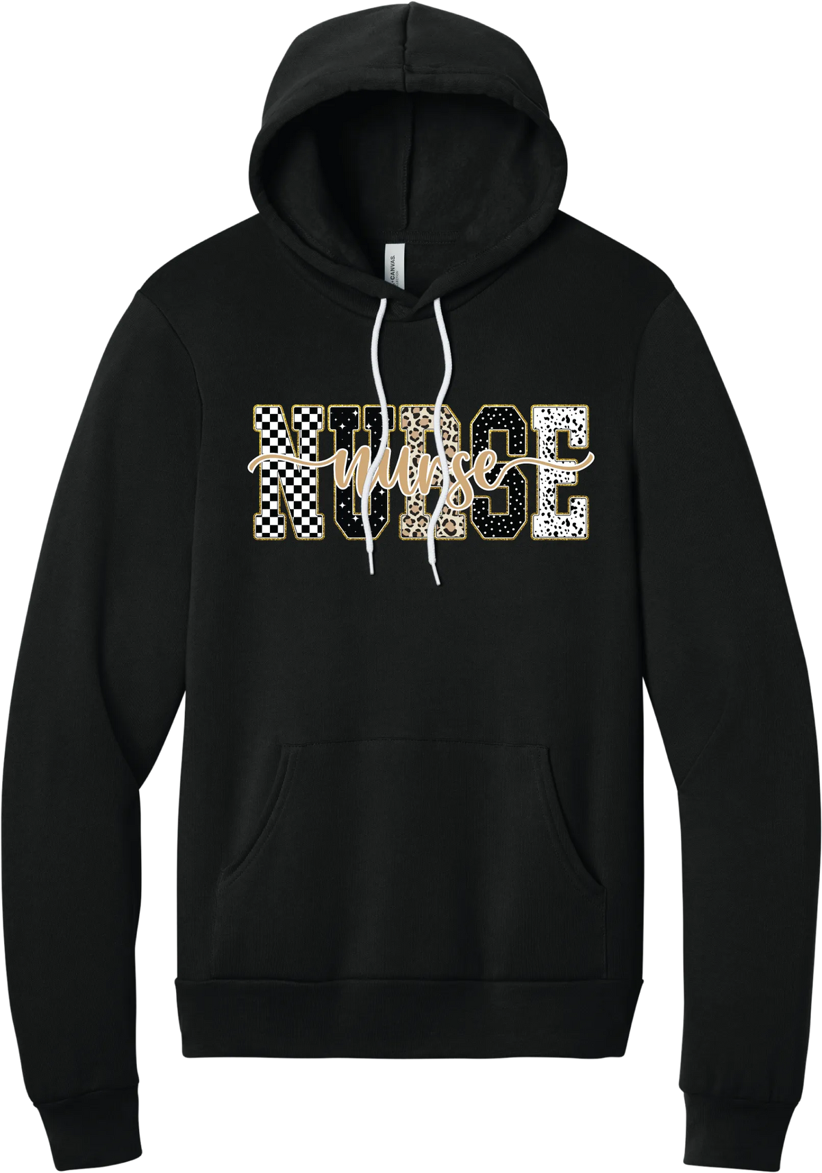 Glitzy Patterned Nurse hoodie in Black, featuring NURSE block letters in checkerboard, leopard, and polka dot patterns with a gold glitter outline and nurse script