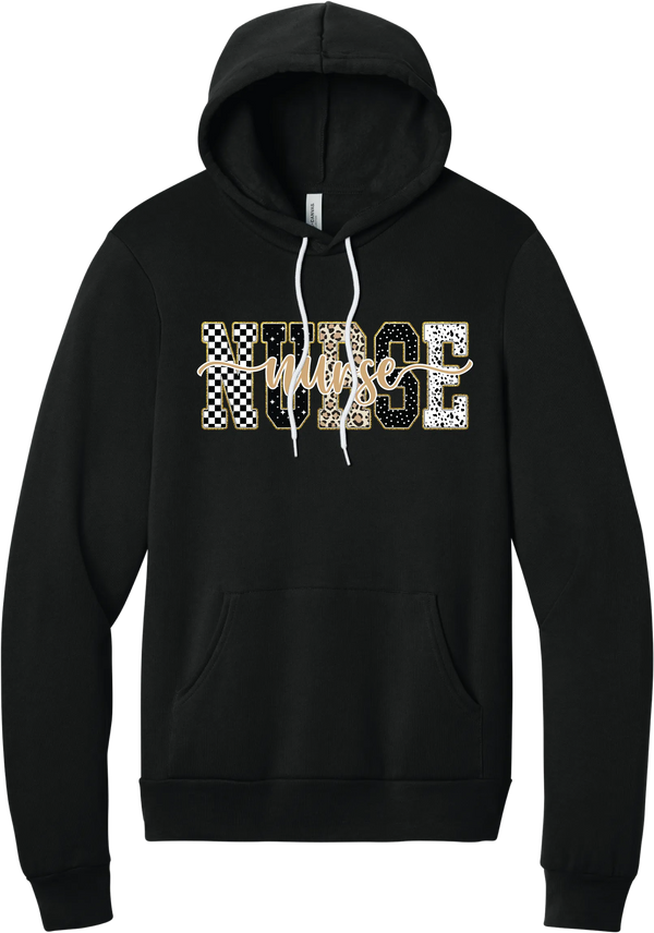 Glitzy Patterned Nurse hoodie in Black, featuring NURSE block letters in checkerboard, leopard, and polka dot patterns with a gold glitter outline and nurse script