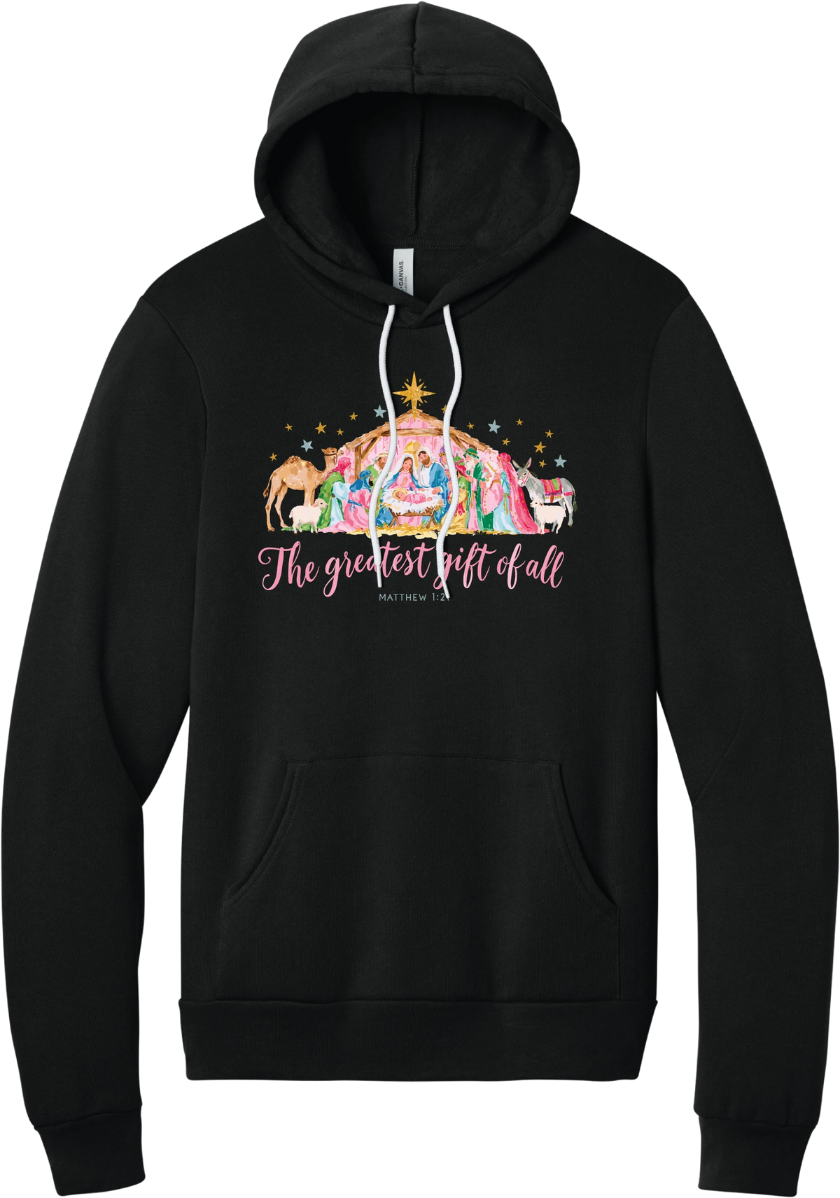 The Greatest Gift of All hoodie in Black, featuring a pastel watercolor nativity scene under the star with The Greatest Gift of All script and Matthew 1:21