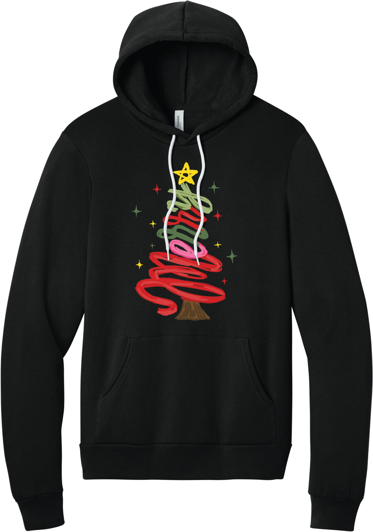 Hand Script Merry Christmas Tree hoodie in Black, featuring loopy hand-drawn script in red, pink, and green forming a Christmas tree with a gold star and sparkles