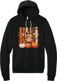Highland Cozy hoodie in Black, featuring a fluffy highland cow calf in a buffalo check bow with pumpkins and painted autumn stripes