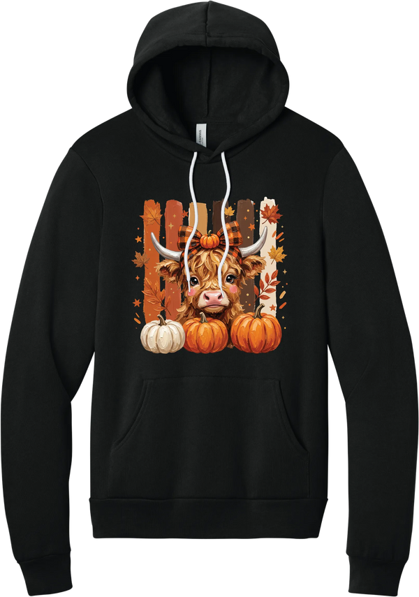 Highland Cozy hoodie in Black, featuring a fluffy highland cow calf in a buffalo check bow with pumpkins and painted autumn stripes