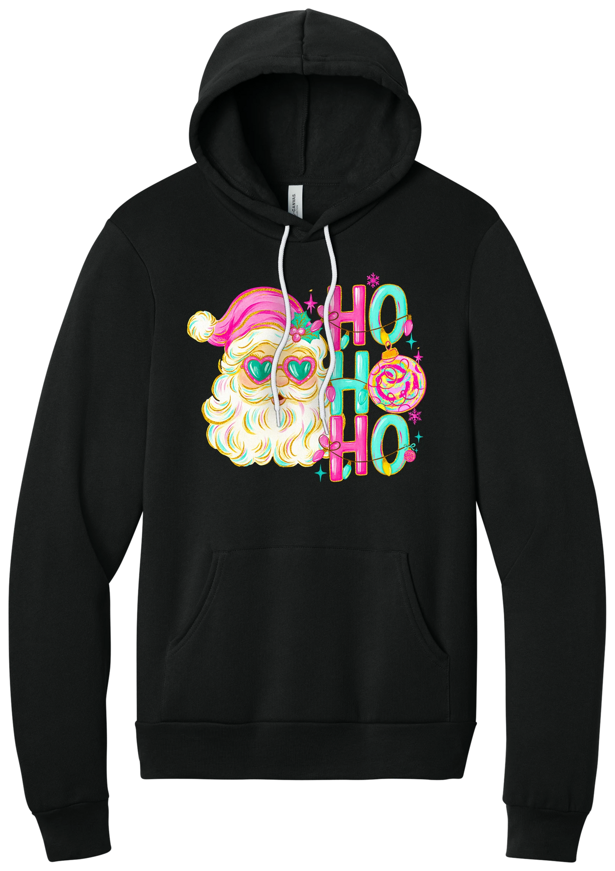 Ho Ho Ho Santa Portrait hoodie in Black, featuring a pink-hatted Santa in teal heart sunglasses with stacked HO HO HO letters