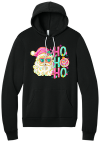 Ho Ho Ho Santa Portrait hoodie in Black, featuring a pink-hatted Santa in teal heart sunglasses with stacked HO HO HO letters