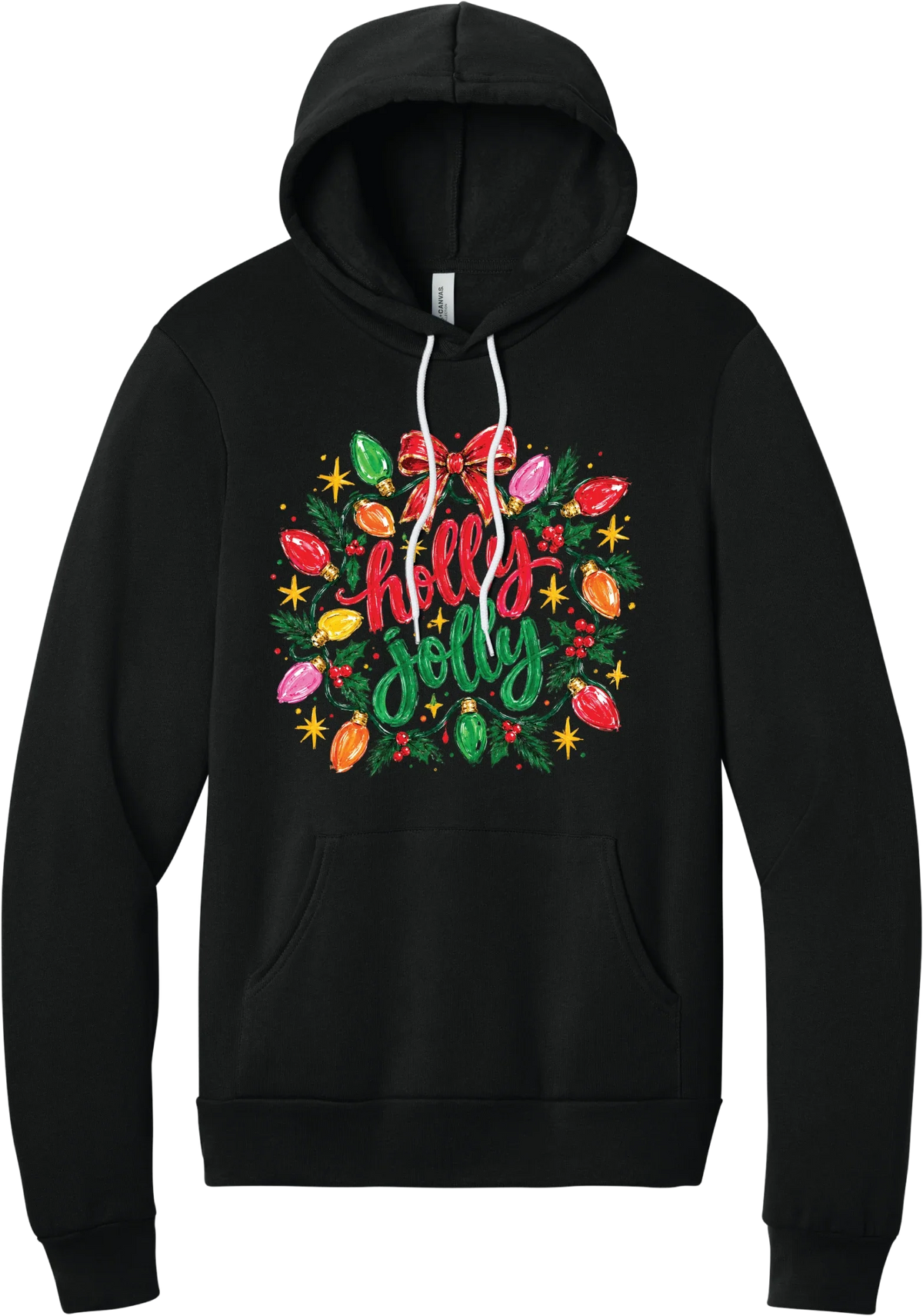 Holly Jolly Christmas Lights hoodie in Black, featuring hand-lettered holly jolly script framed by vintage Christmas bulb lights, pine, holly berries, and a red bow