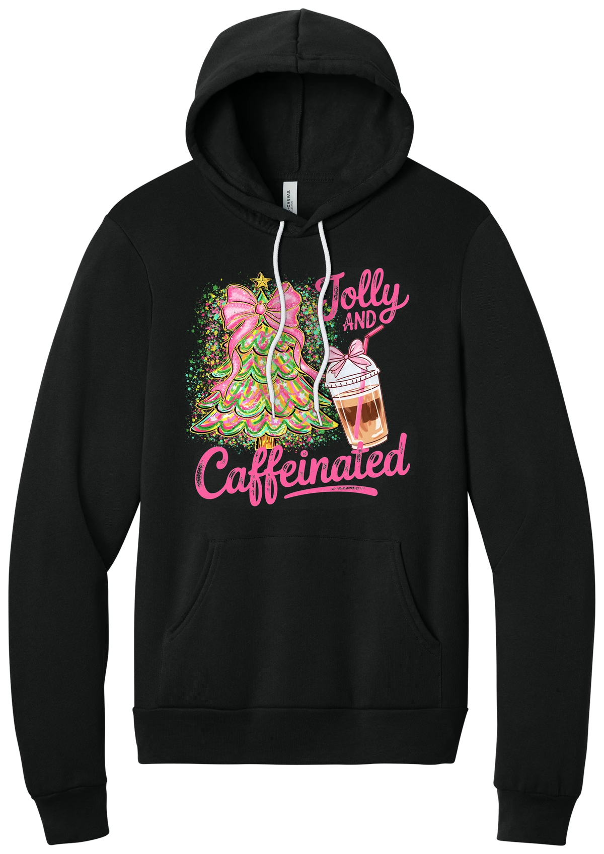 Jolly and Caffeinated hoodie in Black, featuring a pink bow Christmas tree and an iced coffee with Jolly and Caffeinated script