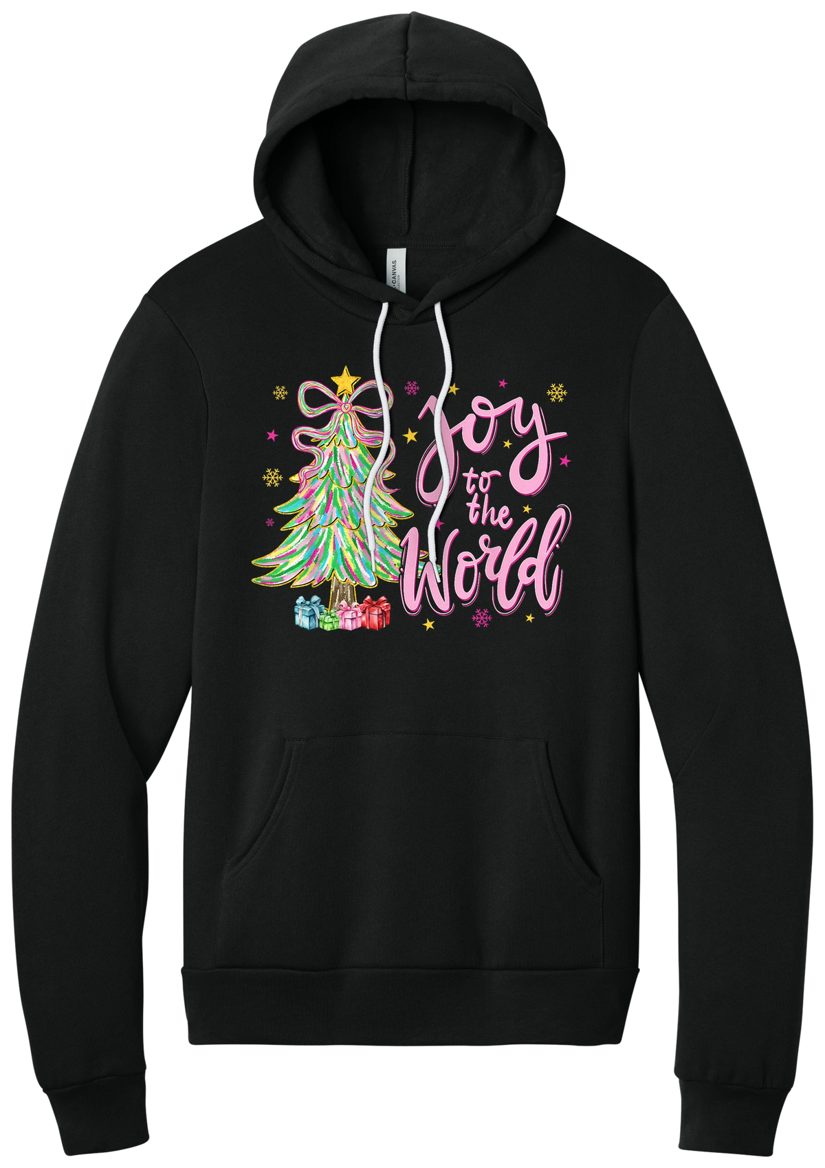 Joy to the World Pastel Tree hoodie in Black, featuring a pastel tinsel tree with a bow beside Joy to the World pink script