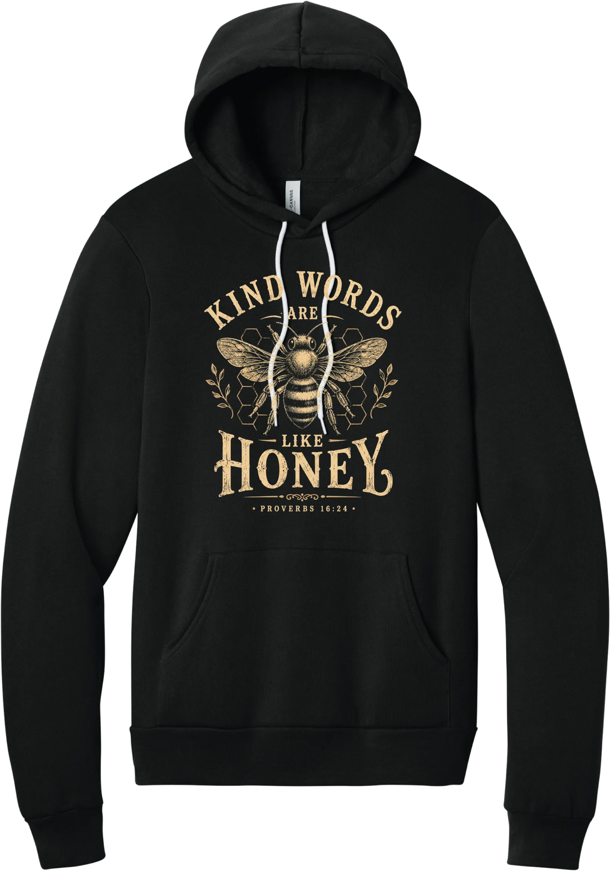 Kind Words Honey Bee hoodie in Black, featuring a vintage golden honey bee and honeycomb with Kind Words Are Like Honey lettering and Proverbs 16:24