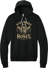 Kind Words Honey Bee hoodie in Black, featuring a vintage golden honey bee and honeycomb with Kind Words Are Like Honey lettering and Proverbs 16:24