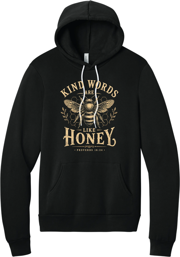 Kind Words Honey Bee hoodie in Black, featuring a vintage golden honey bee and honeycomb with Kind Words Are Like Honey lettering and Proverbs 16:24
