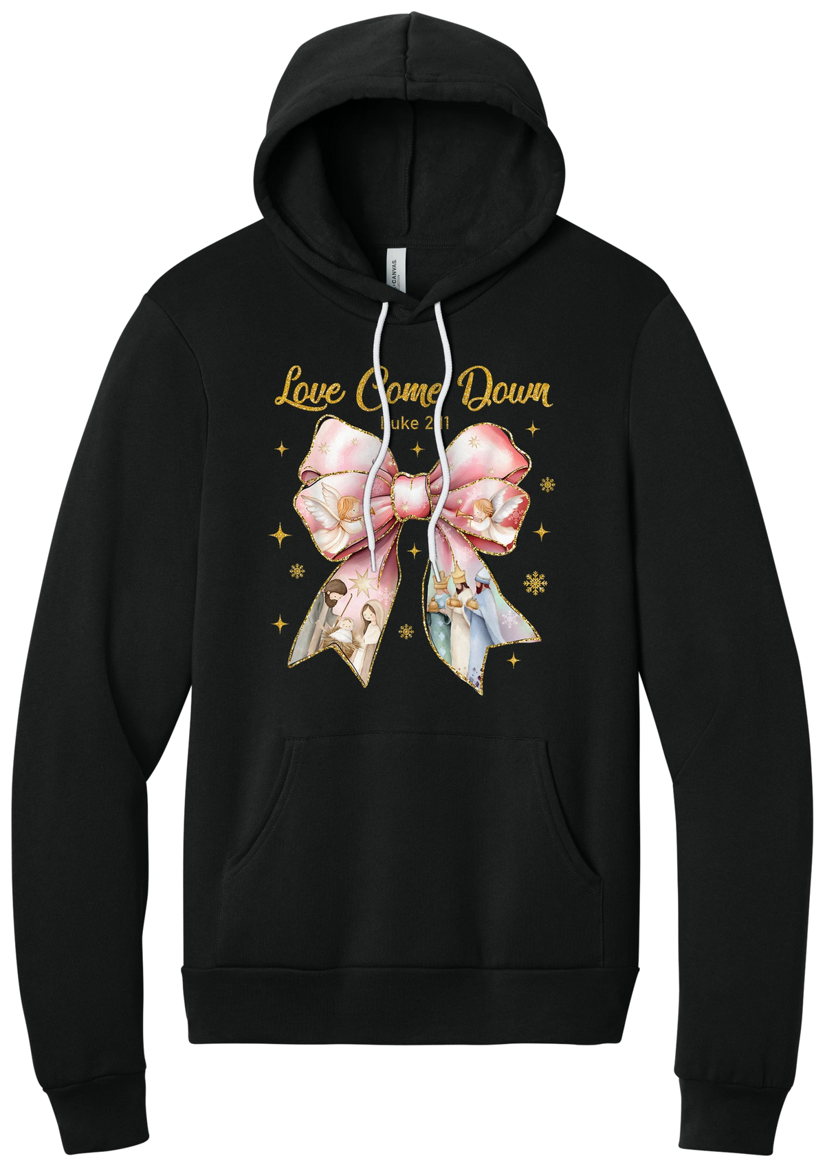 Love Came Down Nativity Bow hoodie in Black, featuring a blush satin bow with painted nativity scenes under gold Love Came Down script and Luke 2:11