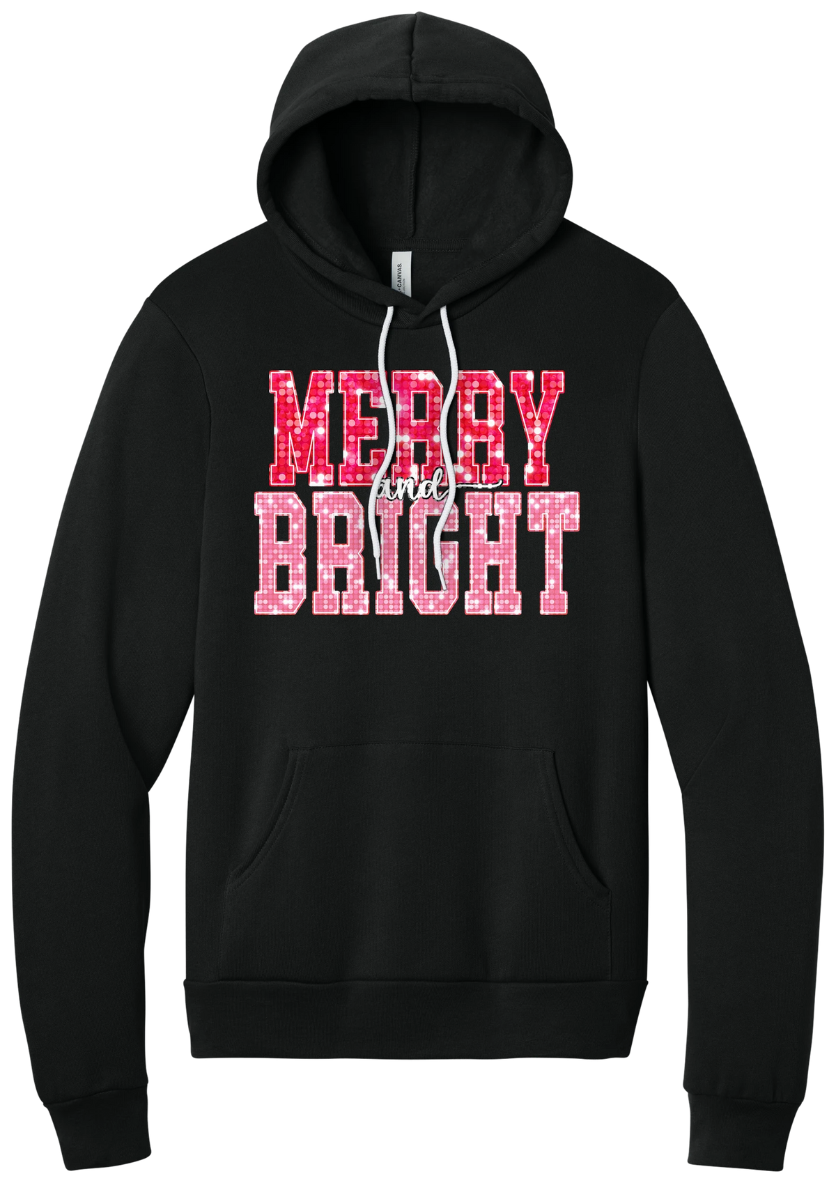 Merry and Bright Sequin hoodie in Black, featuring varsity MERRY and BRIGHT letters with a pink and red sequin look