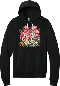 Merry and Bright Ornaments hoodie in Black, featuring hand-painted pink and green ornaments reading Merry and Bright with a pink bow, holly, daisies, a candy cane, and a gingerbread man