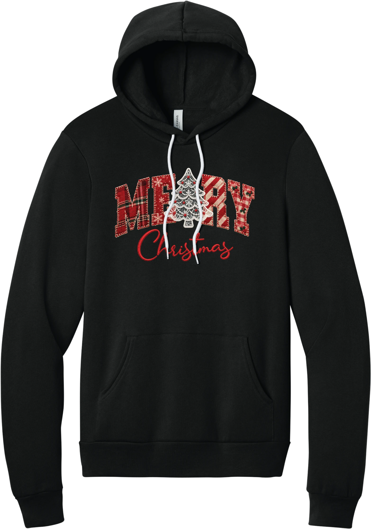Merry Lace and Pattern Applique hoodie in Black, featuring faux applique MERRY letters in red plaid, snowflake, candy cane, and gingham fabrics with a lace Christmas tree and red script Christmas