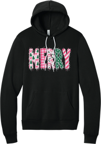 Merry Preppy Applique hoodie in Black, featuring faux applique MERRY letters in pink and green patchwork patterns with trees, gingham, Santas, polka dots, and candy cane stripes