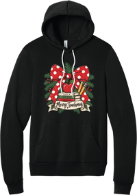 Merry Teachmas hoodie in Black, featuring a red polka dot bow over a stack of books reading Teach, Inspire, Change with an apple, pencils, evergreen, and a Merry Teachmas banner