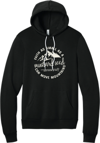 Mustard Seed Faith hoodie in Black, featuring a circle badge of mountains and a cross with Faith as Small as a Mustard Seed Can Move Mountains lettering and Matthew 17:20