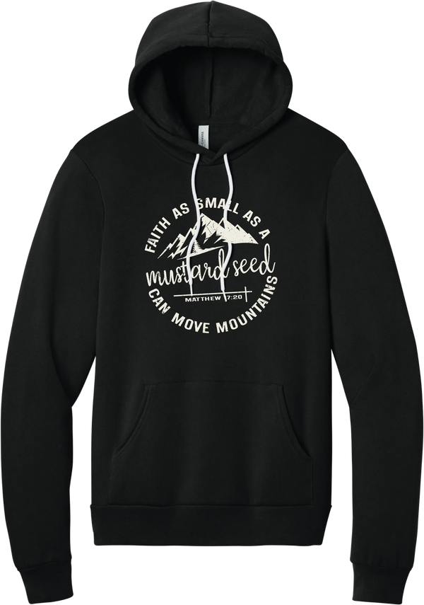 Mustard Seed Faith hoodie in Black, featuring a circle badge of mountains and a cross with Faith as Small as a Mustard Seed Can Move Mountains lettering and Matthew 17:20