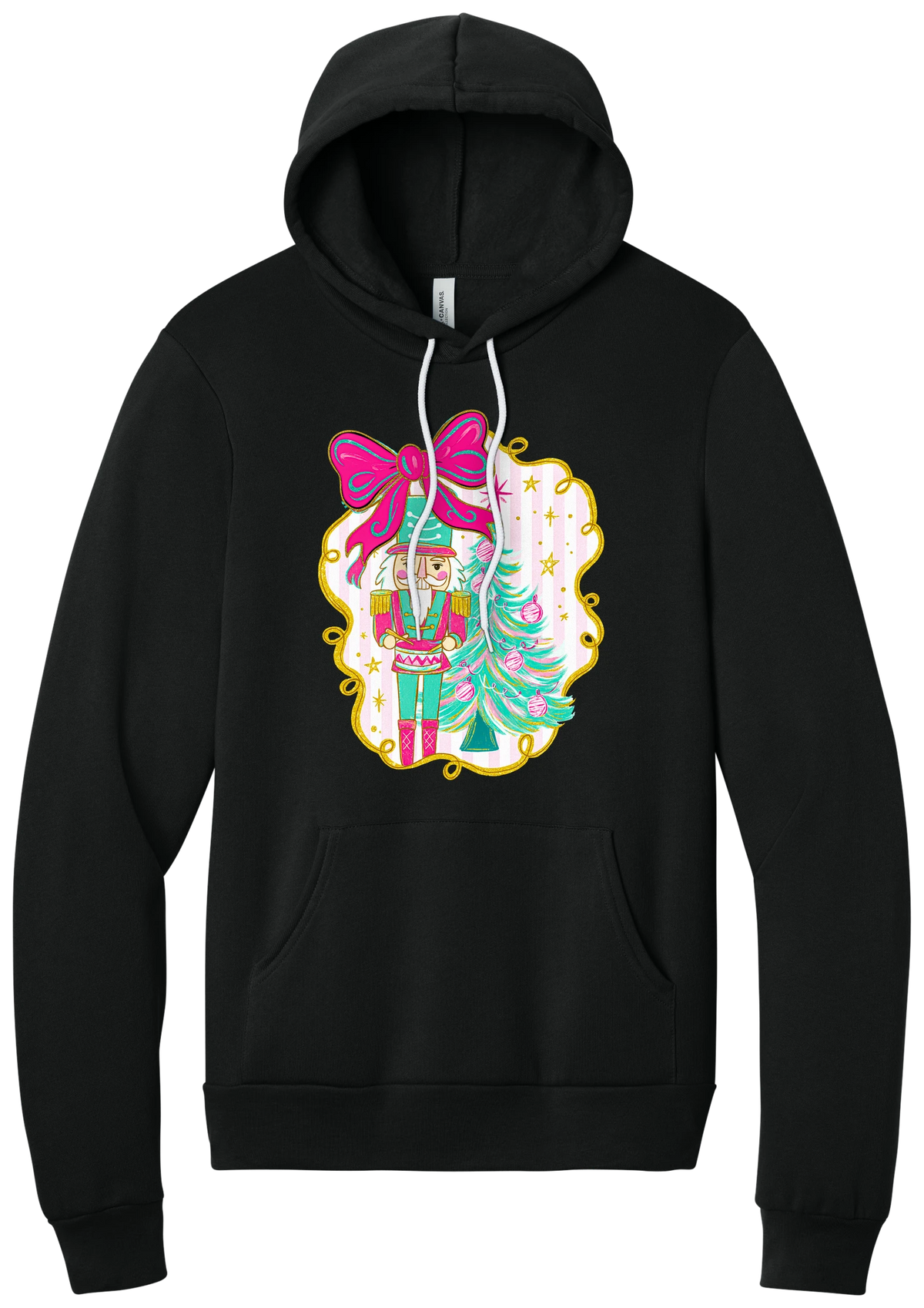 Nutcracker Bow hoodie in Black, featuring a teal and pink nutcracker beside a tinsel tree under a big hot pink bow
