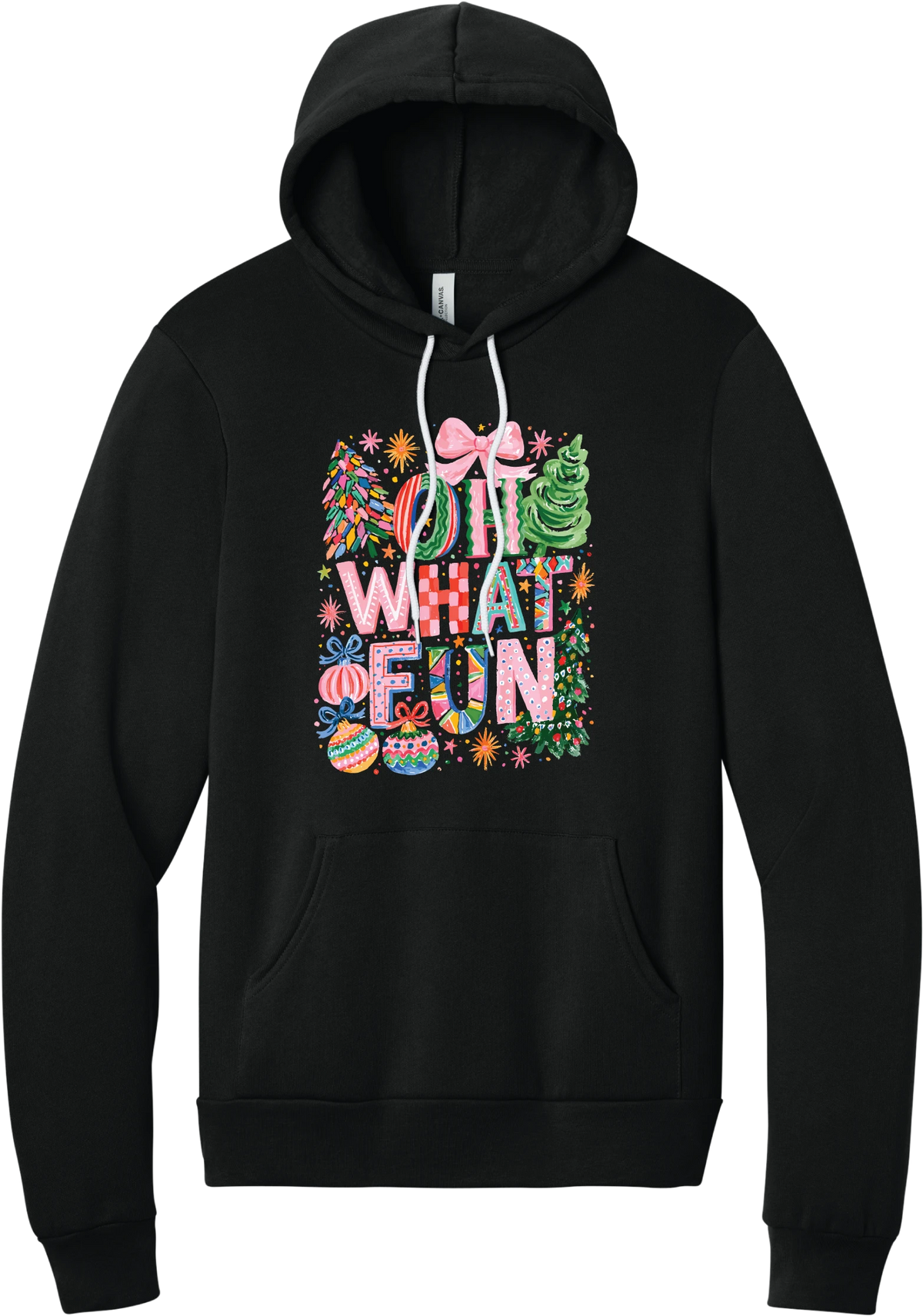 Oh What Fun hoodie in Black, featuring hand-painted Oh What Fun letters with pink bows, whimsical Christmas trees, and ornaments