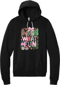 Oh What Fun hoodie in Black, featuring hand-painted Oh What Fun letters with pink bows, whimsical Christmas trees, and ornaments