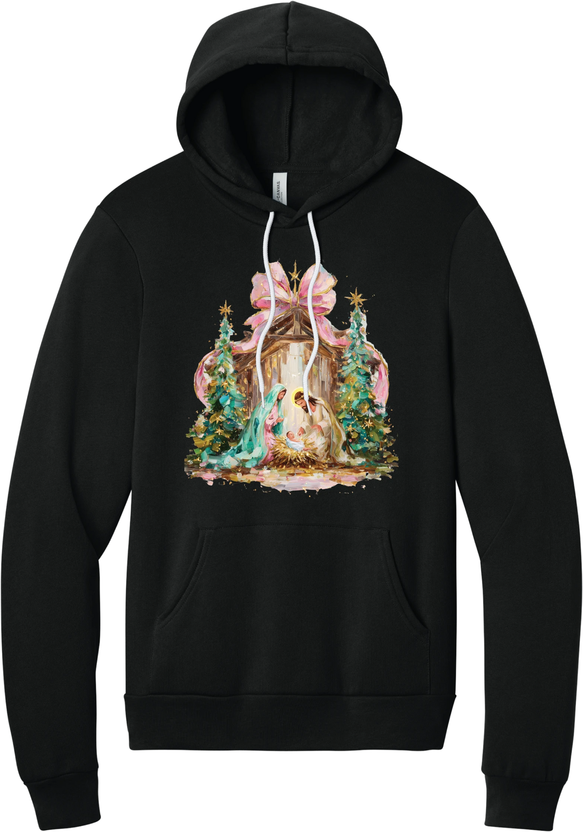 Painterly Nativity hoodie in Black, featuring a painterly nativity scene with Mary, Joseph, and baby Jesus in a wooden stable between teal Christmas trees and a pink bow