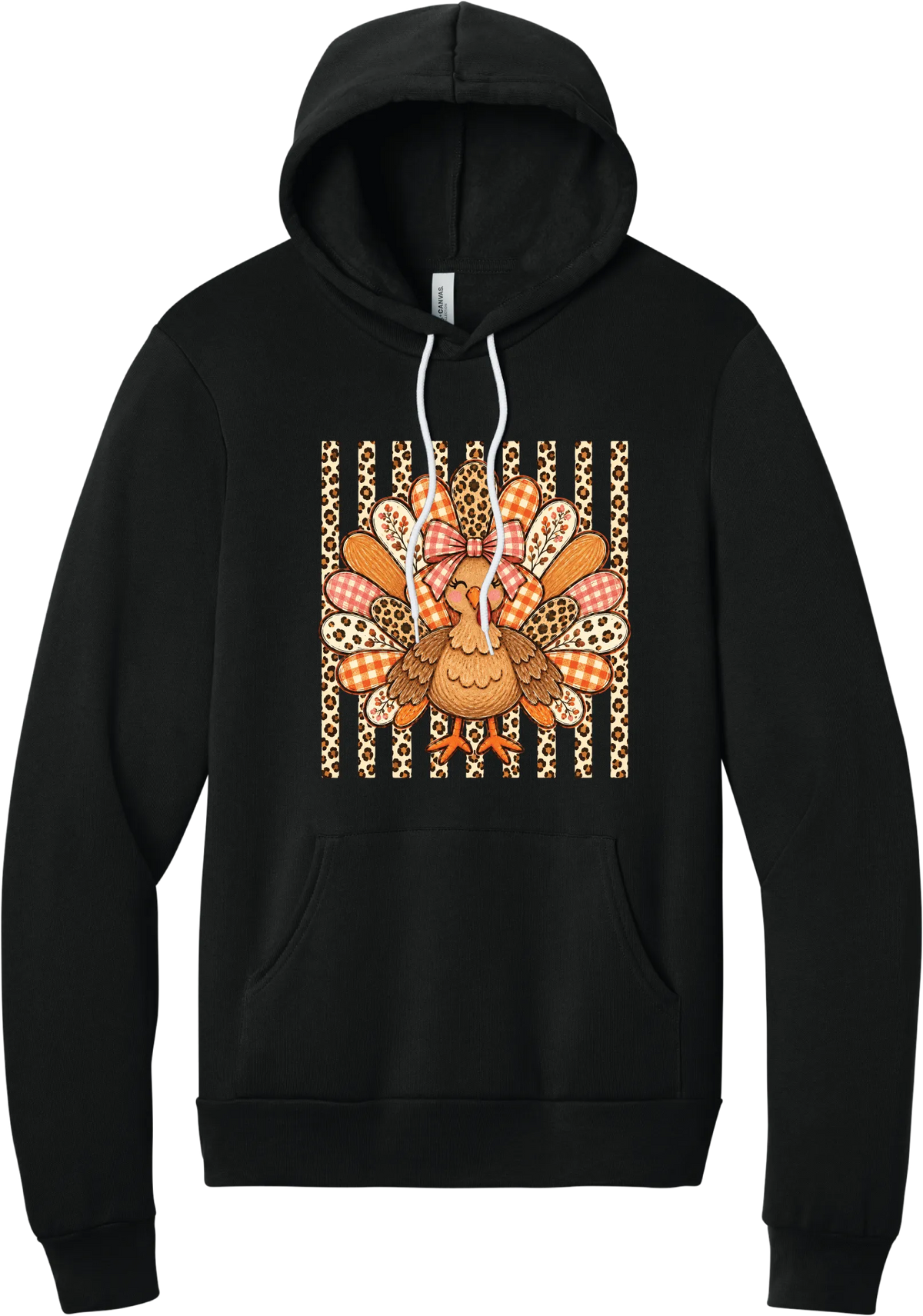 Preppy Turkey hoodie in Black, featuring a smiling turkey with gingham and leopard feathers and a pink bow on a leopard stripe background
