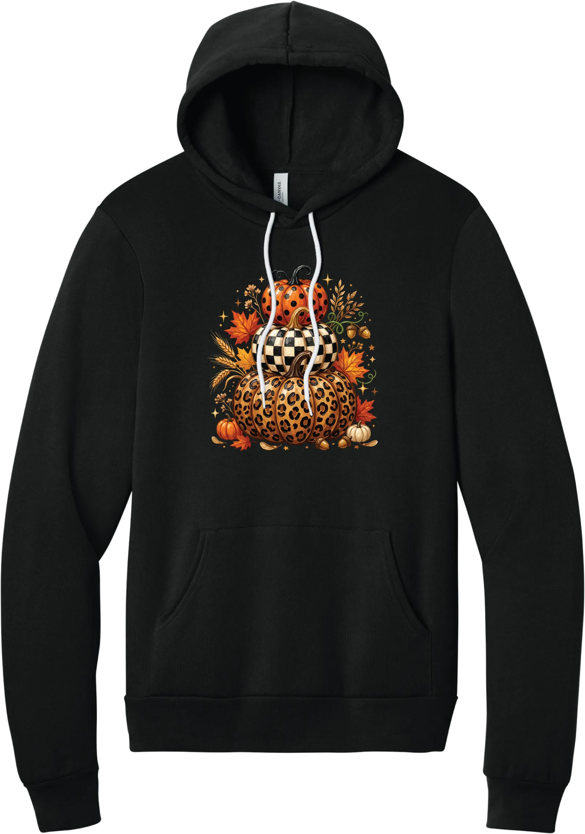 All Stacked Up hoodie in Black, featuring three stacked pumpkins in polka dot, checkerboard, and leopard with autumn leaves