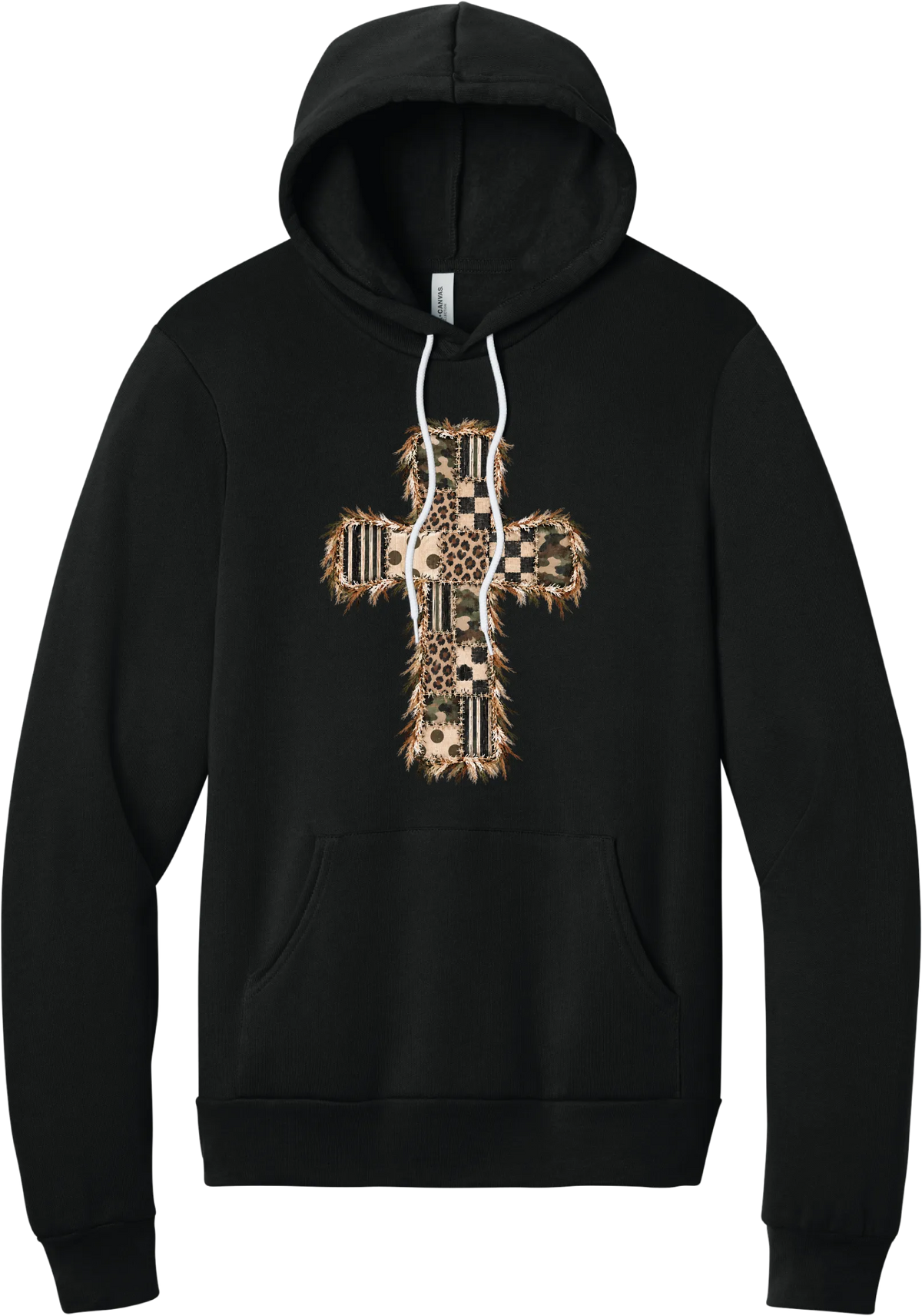 Quilted Patchwork Cross hoodie in Black, featuring a patchwork cross in camo, leopard, checkerboard, polka dot, and stripes with a fringed edge