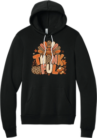 Thankful Leopard Turkey hoodie in Black, featuring a leopard and plaid feathered turkey over the word Thankful, with a leopard pumpkin, pie, and autumn leaves