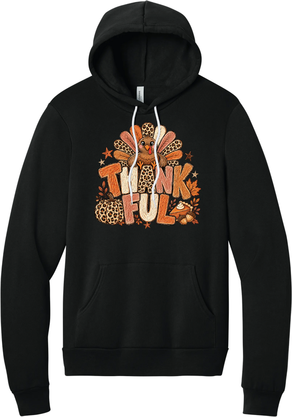 Thankful Leopard Turkey hoodie in Black, featuring a leopard and plaid feathered turkey over the word Thankful, with a leopard pumpkin, pie, and autumn leaves