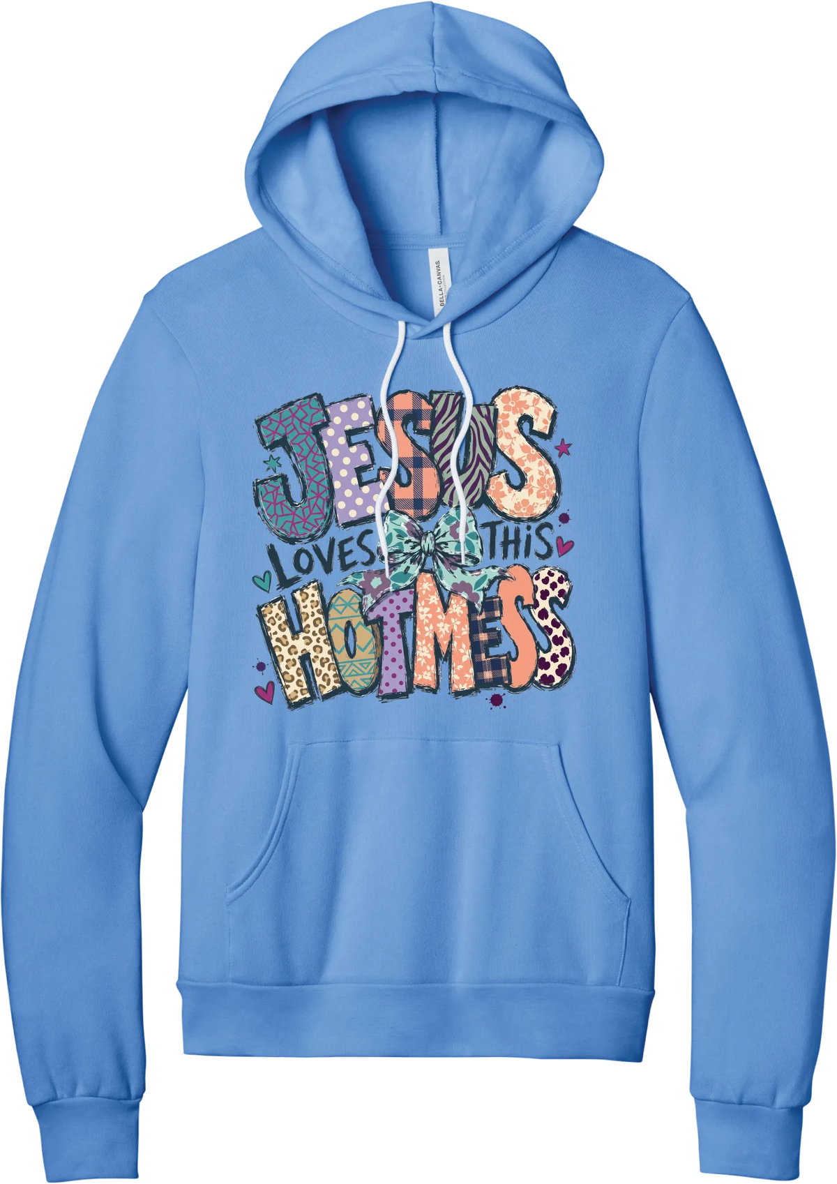 Jesus Loves This Hot Mess hoodie in Carolina Blue, featuring patchwork Jesus Loves This Hot Mess lettering in leopard, plaid, polka dot, and zebra prints with a bow and hearts