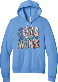 Jesus Loves This Hot Mess hoodie in Carolina Blue, featuring patchwork Jesus Loves This Hot Mess lettering in leopard, plaid, polka dot, and zebra prints with a bow and hearts