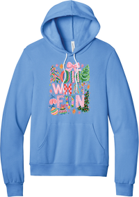 Oh What Fun hoodie in Carolina Blue, featuring hand-painted Oh What Fun letters with pink bows, whimsical Christmas trees, and ornaments