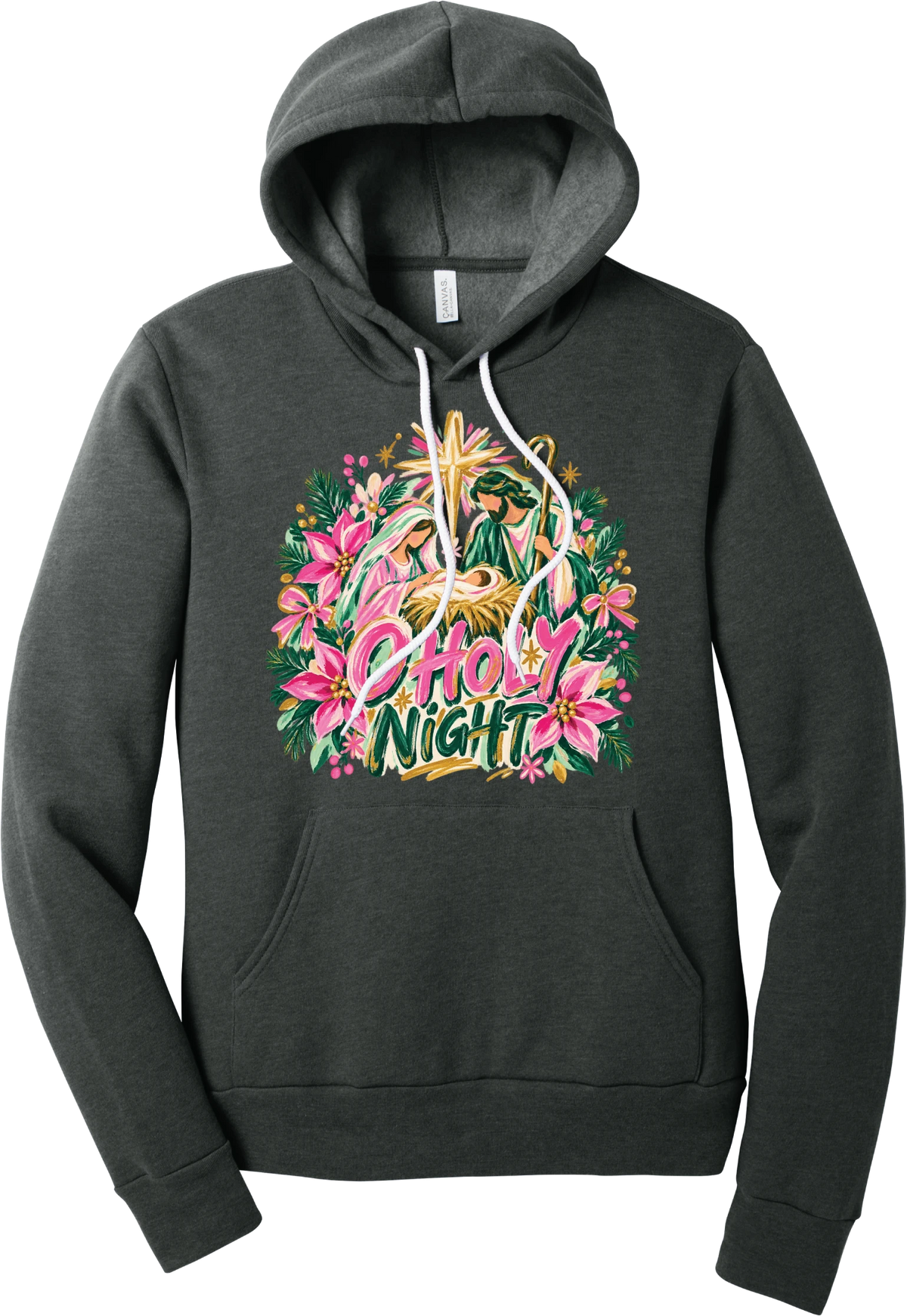 Artful O Holy Night hoodie in Dark Grey Heather, featuring a painted nativity under the star of Bethlehem with O Holy Night lettering framed by pink poinsettias and evergreen