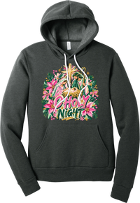 Artful O Holy Night hoodie in Dark Grey Heather, featuring a painted nativity under the star of Bethlehem with O Holy Night lettering framed by pink poinsettias and evergreen