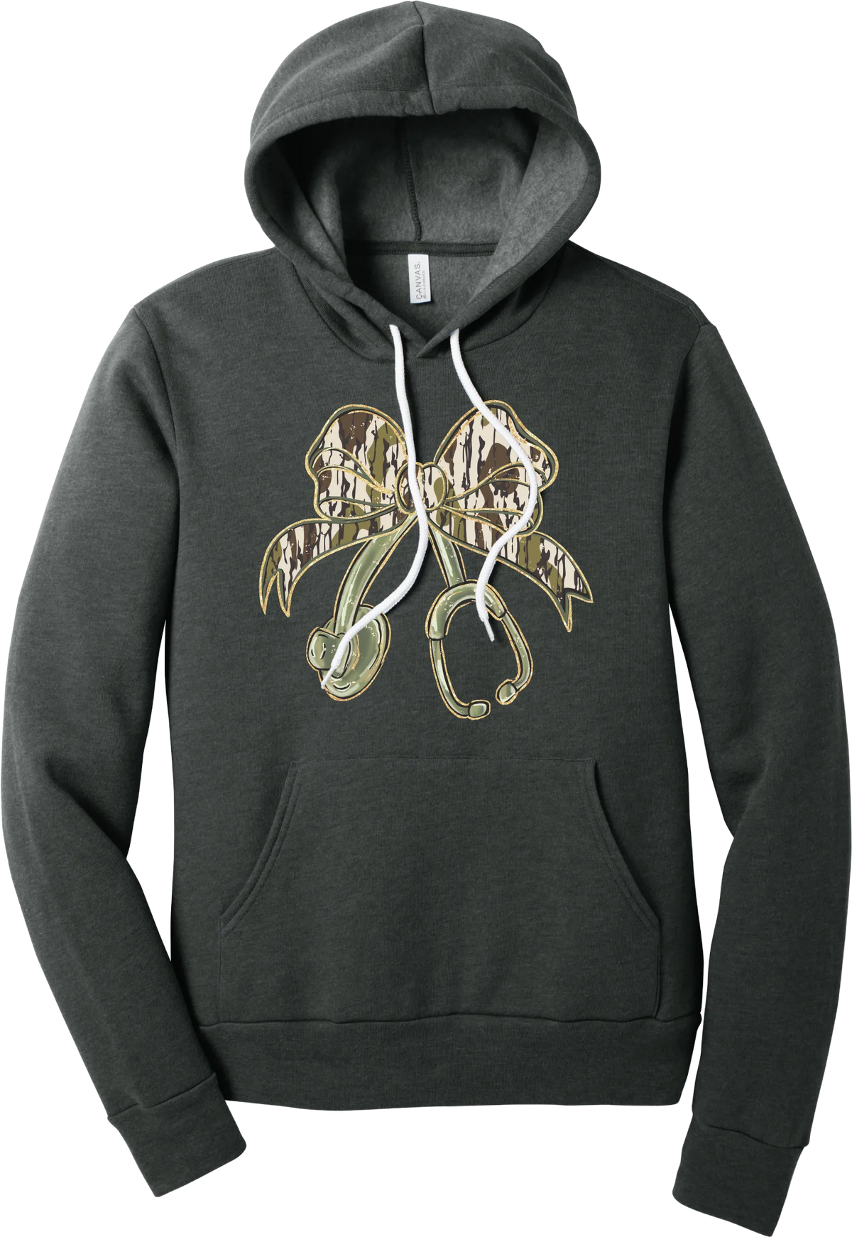 Camo Bow Stethoscope hoodie in Dark Grey Heather, featuring a glittery camo print coquette bow tied to a sage green stethoscope