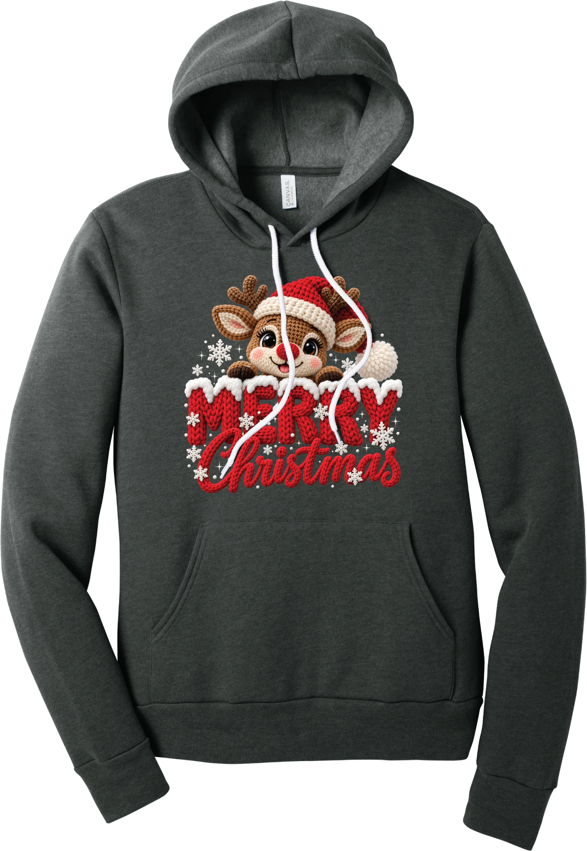 Crocheted Rudolph Merry Christmas hoodie in Dark Grey Heather, featuring a crochet-style reindeer in a Santa hat peeking over knit-texture Merry Christmas lettering with snowflakes