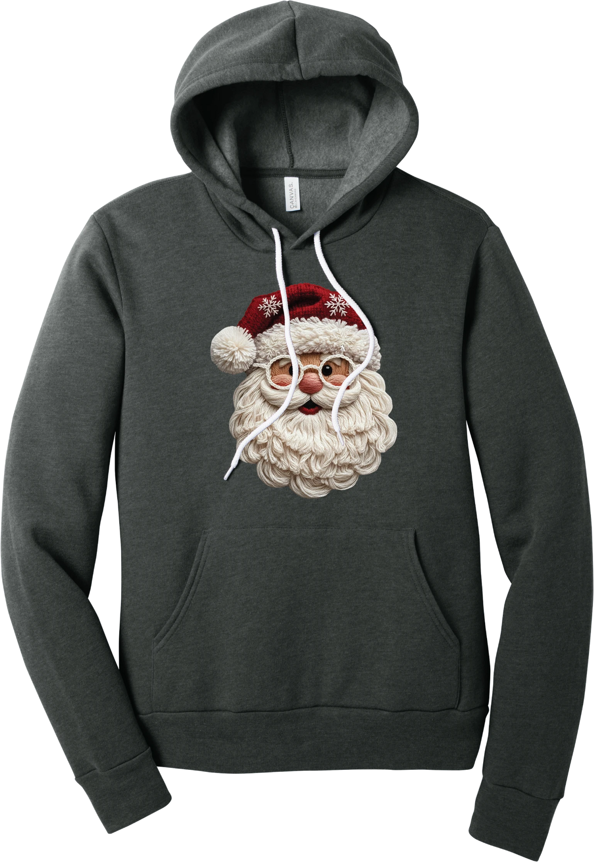Crocheted Santa hoodie in Dark Grey Heather, featuring a yarn-textured Santa face with a chunky cream beard, round glasses, and a red knit hat with snowflakes and a pom-pom