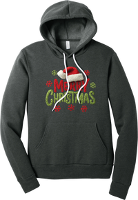 Crocheted Santa Hat Merry Christmas hoodie in Dark Grey Heather, featuring a knit Santa hat over chunky red and green knit-texture Merry Christmas lettering with crochet snowflakes