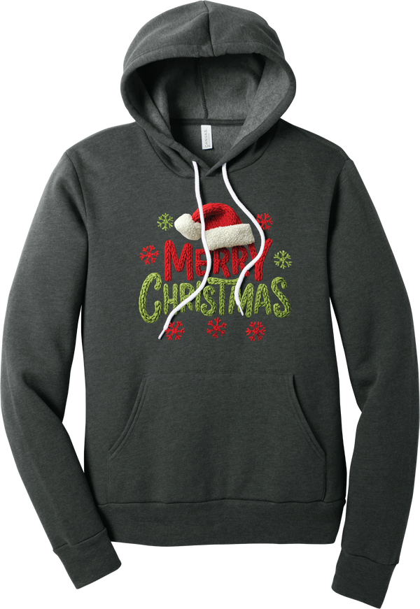 Crocheted Santa Hat Merry Christmas hoodie in Dark Grey Heather, featuring a knit Santa hat over chunky red and green knit-texture Merry Christmas lettering with crochet snowflakes