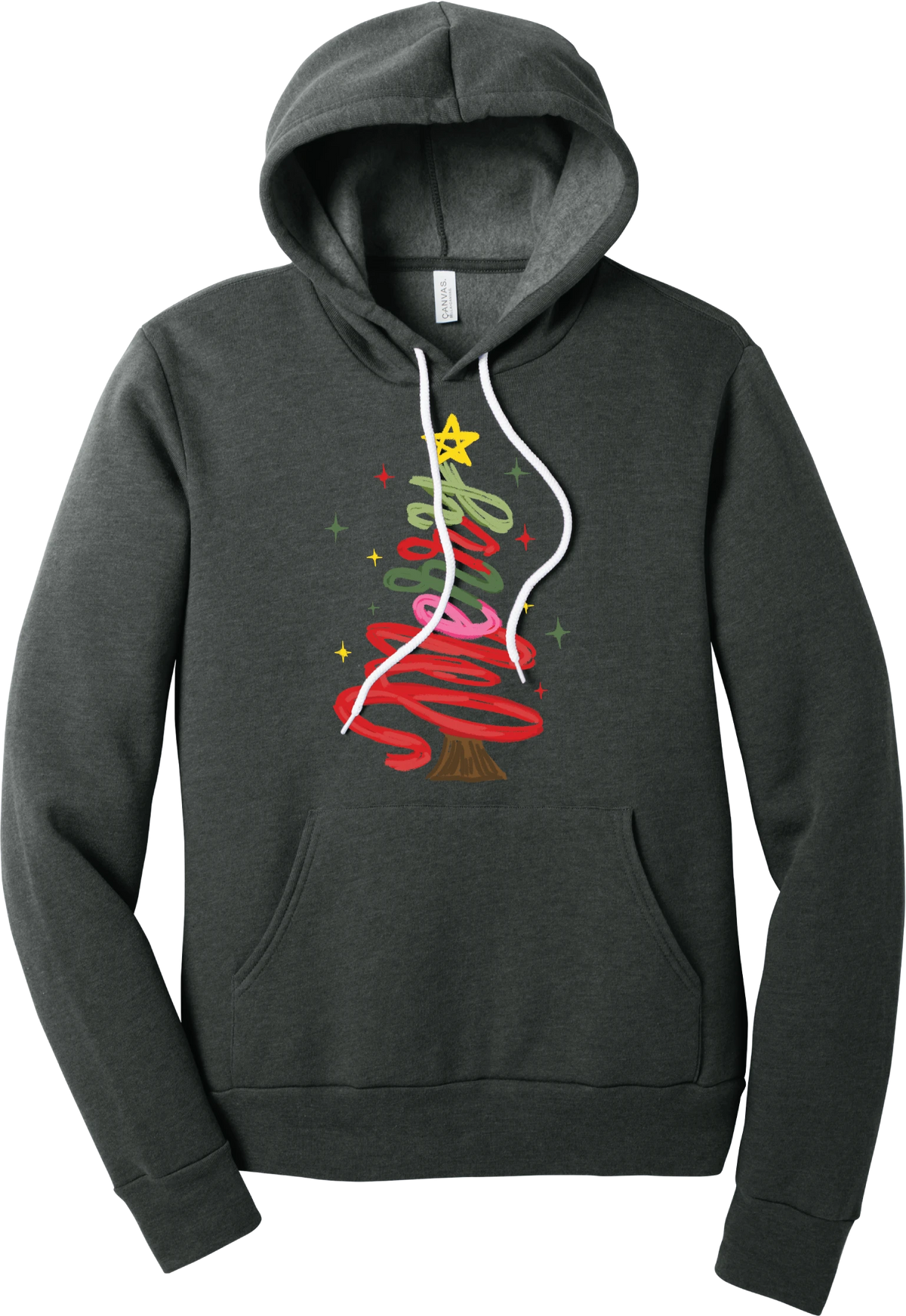 Hand Script Merry Christmas Tree hoodie in Dark Grey Heather, featuring loopy hand-drawn script in red, pink, and green forming a Christmas tree with a gold star and sparkles