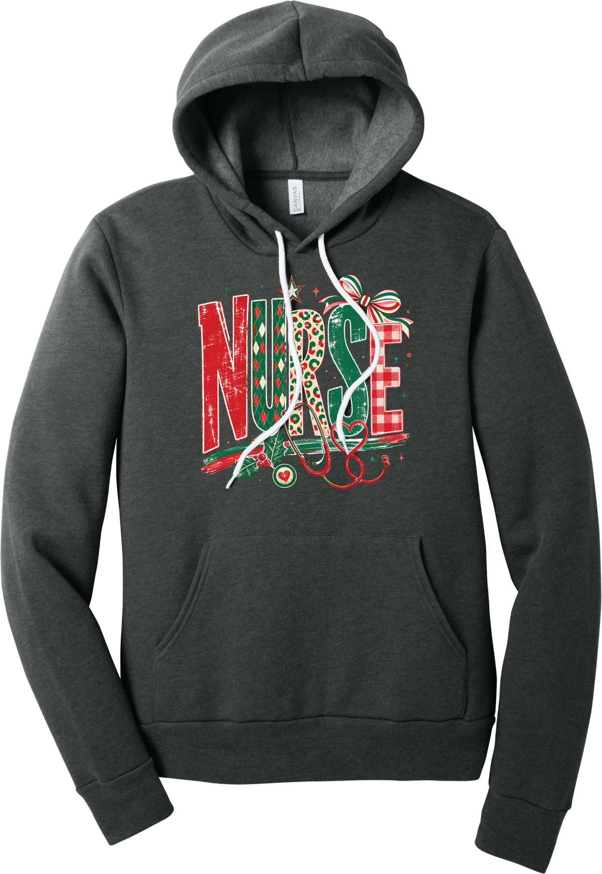 Holiday Nurse Stethoscope hoodie in Dark Grey Heather, featuring patterned NURSE letters in red and green argyle, leopard, and gingham with a striped bow, holly, and a red heart stethoscope