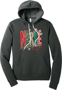 Holiday Nurse Stethoscope hoodie in Dark Grey Heather, featuring patterned NURSE letters in red and green argyle, leopard, and gingham with a striped bow, holly, and a red heart stethoscope