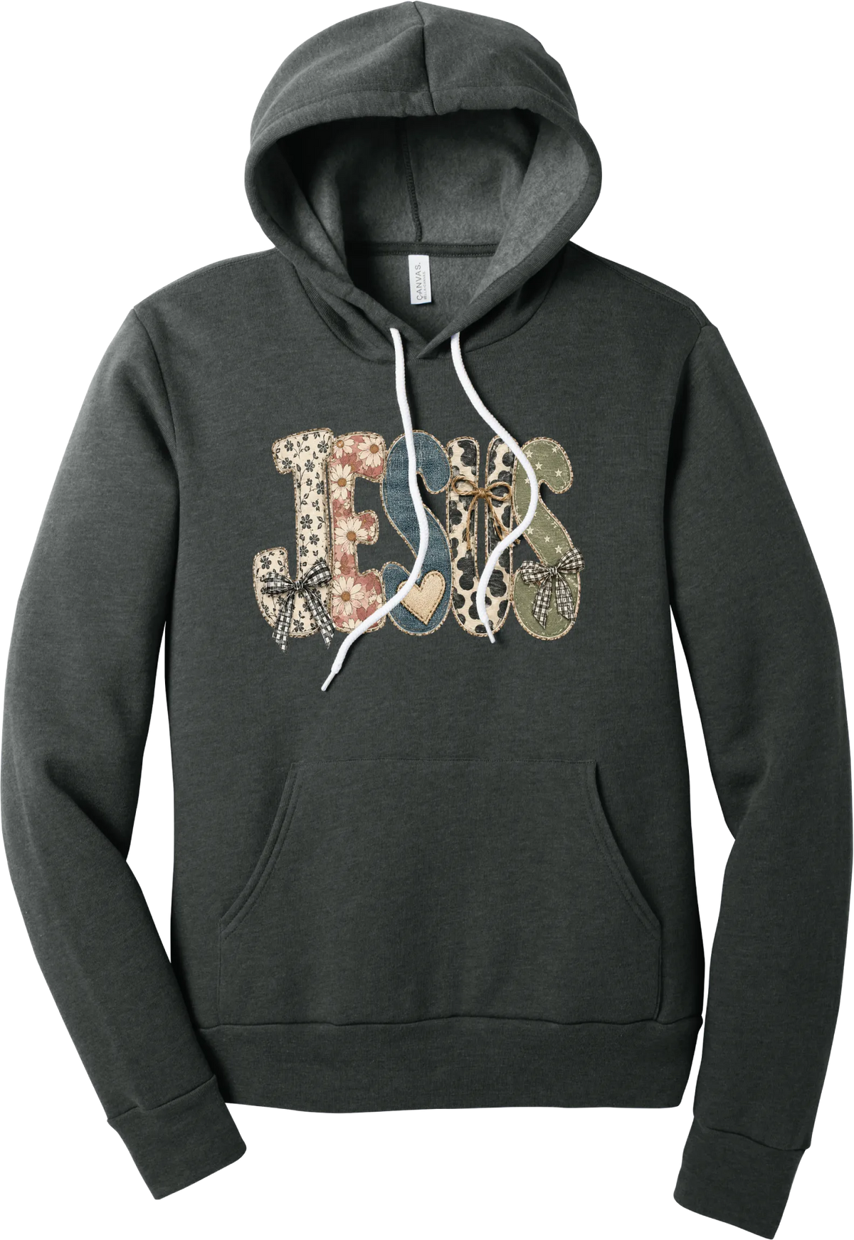 Jesus Patchwork hoodie in Dark Grey Heather, featuring JESUS in patchwork letters of floral, leopard, denim, and cow print with gingham bows and a heart