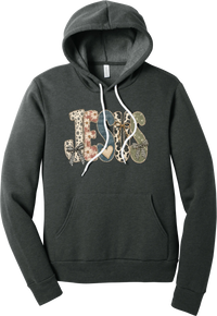 Jesus Patchwork hoodie in Dark Grey Heather, featuring JESUS in patchwork letters of floral, leopard, denim, and cow print with gingham bows and a heart