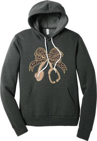 Leopard Bow Stethoscope hoodie in Dark Grey Heather, featuring a glittery leopard print coquette bow tied to a rose gold stethoscope