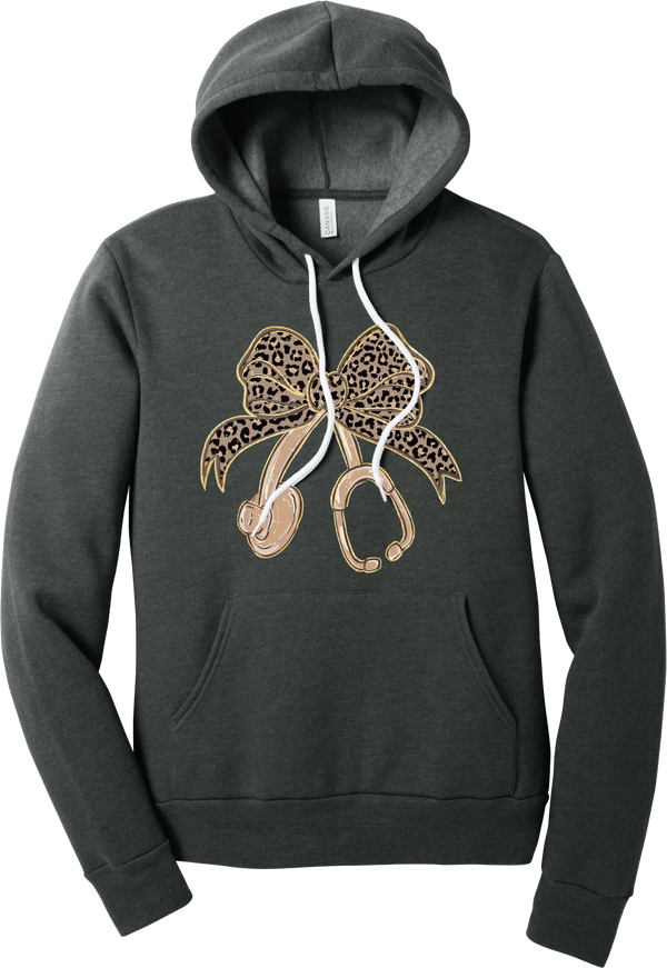 Leopard Bow Stethoscope hoodie in Dark Grey Heather, featuring a glittery leopard print coquette bow tied to a rose gold stethoscope